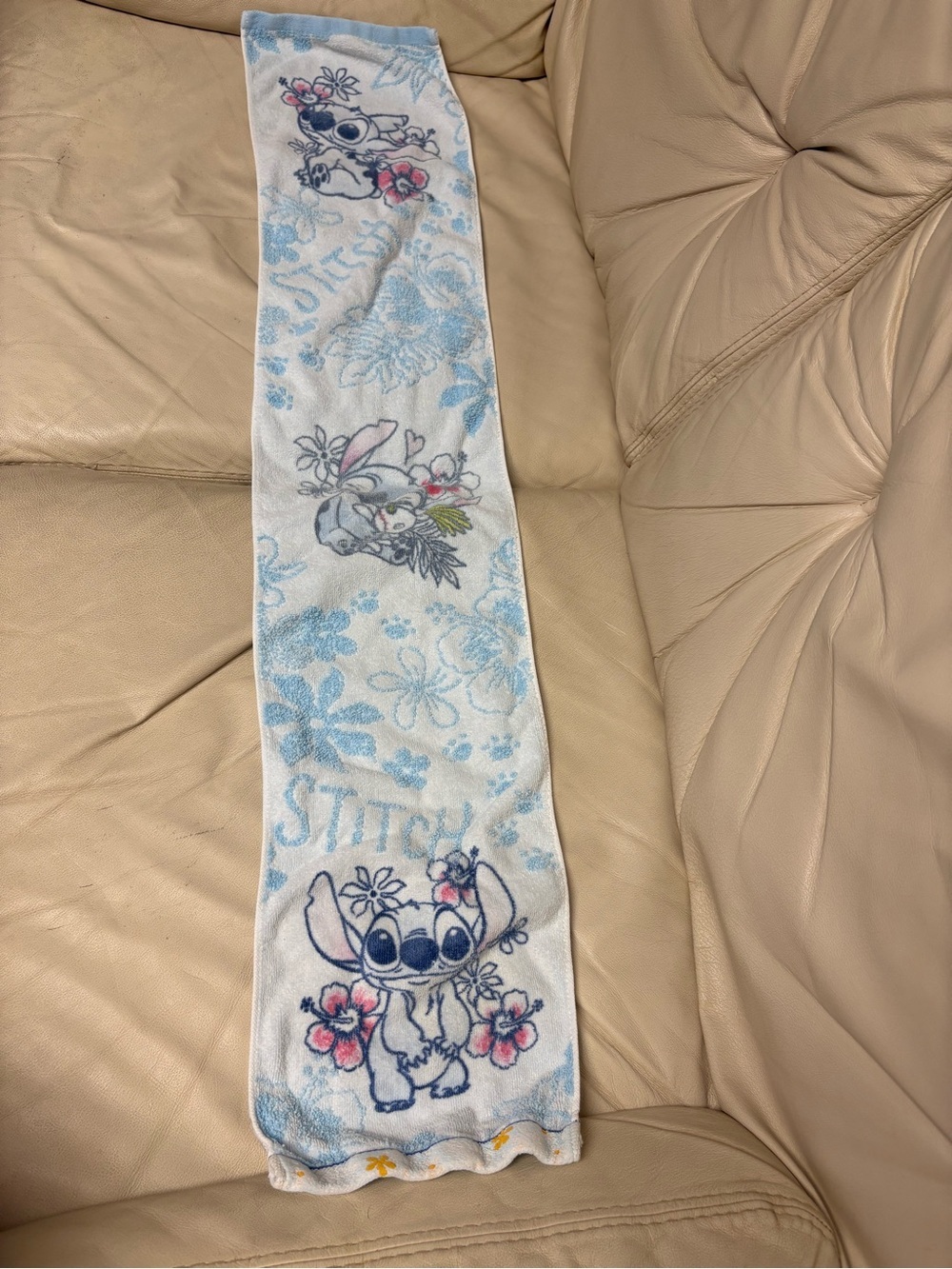 STITCH Long Skinny Towel Disney Japan Cotton Light Blue Floral